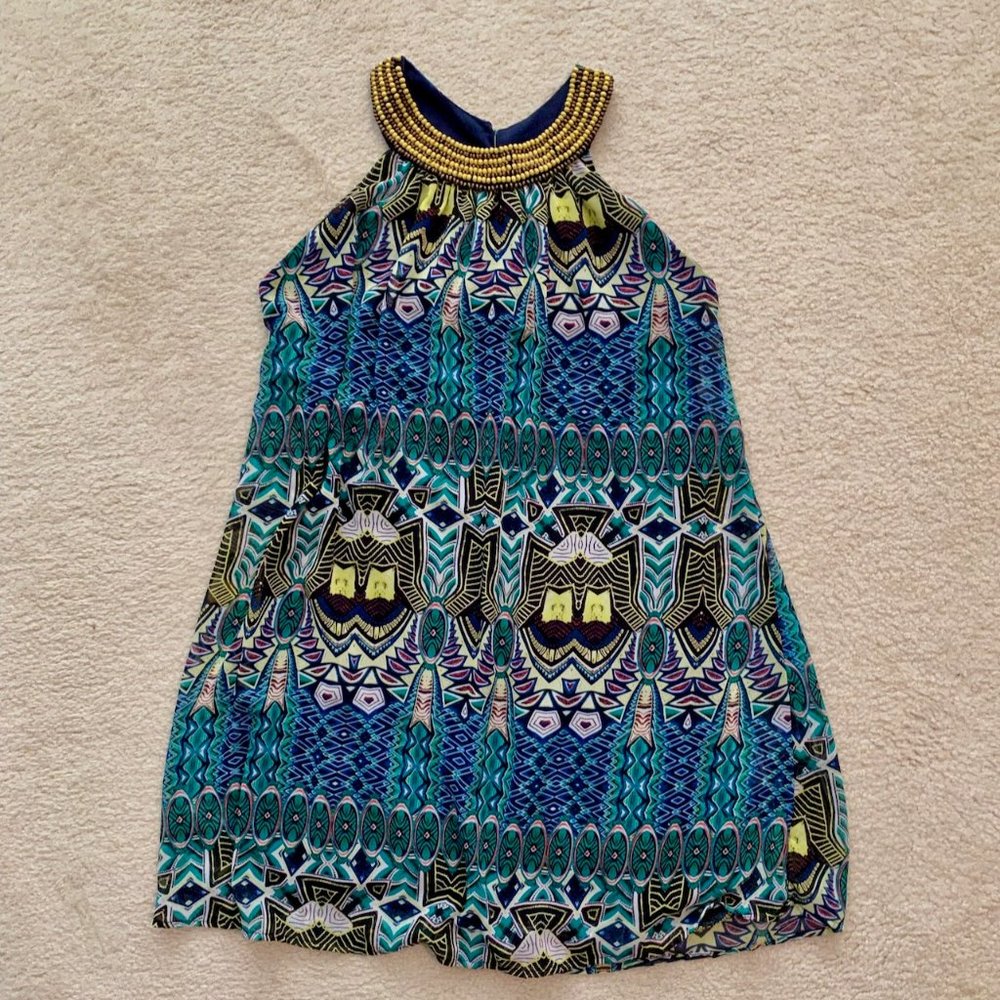 Multicolor beaded-neck racer-back swing dress